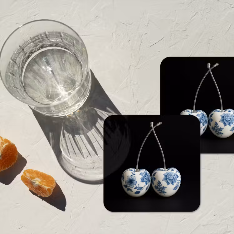 Kersen - Delfts blauw - Fruit onderzetter kurk middel -sfeer4