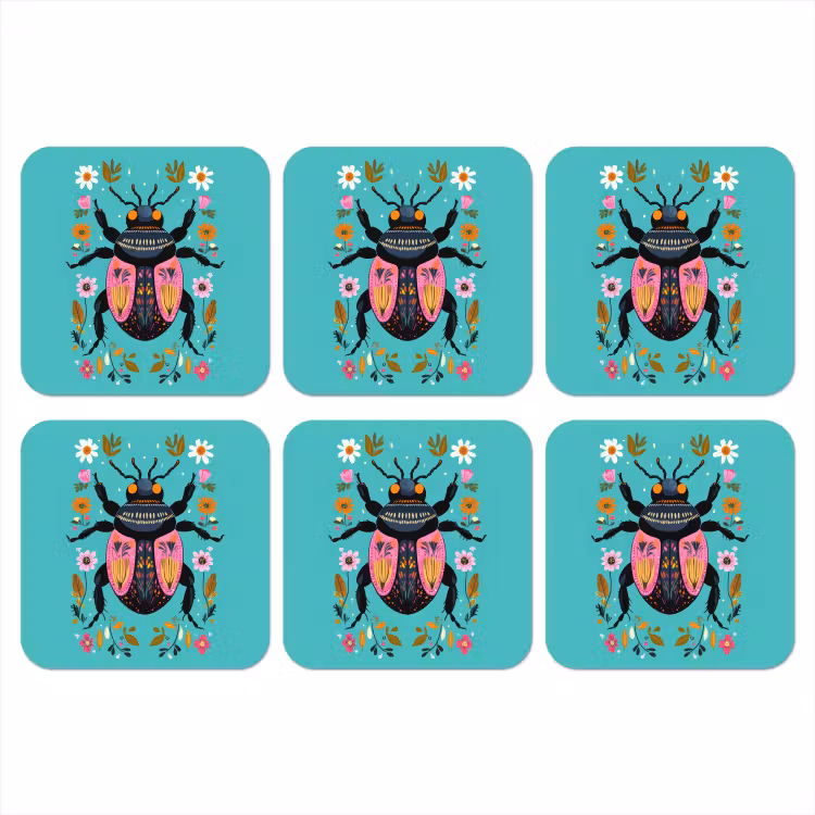 Kever - Bloemmotieven - Turquoise - Bladeren onderzetter kurk middel -3d