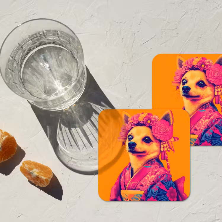 Kimono - Hondje - Bloemenkroon - Oranje onderzetter kurk middel -sfeer4