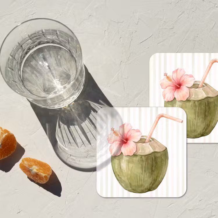 Kokosnoot - Drank - Tropisch - Illustratie - Zomer onderzetter kurk middel -sfeer4