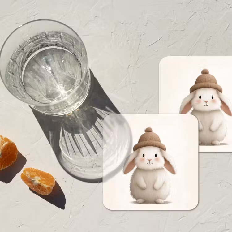 Konijn - Muts - Oren - Beige onderzetter kurk middel -sfeer4