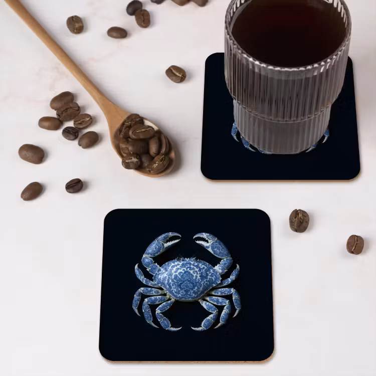 Krab - Delfts blauw - Dieren onderzetter kurk middel -sfeer2