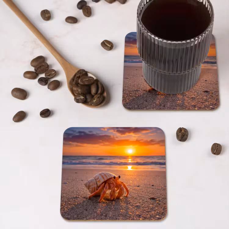 Kreeft - Strand - Natuur - Zonsondergang - Oranje onderzetter kurk middel -sfeer2