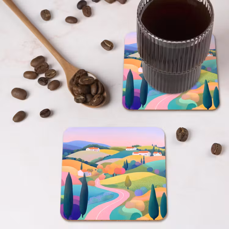 Landschap - Paars - Pastel - Huizen onderzetter kurk middel -sfeer2