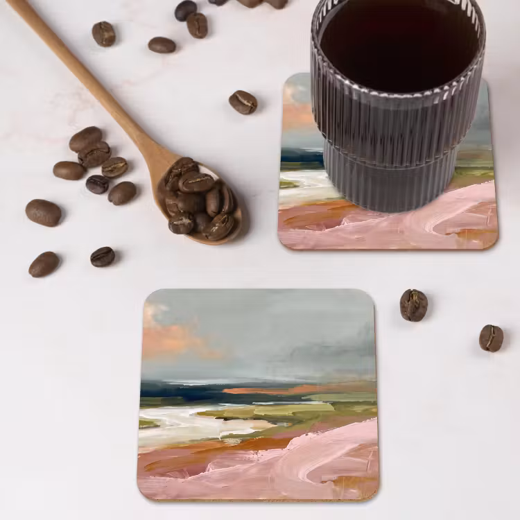 Landschap - Rivier - Abstract - Roze - Groen onderzetter kurk middel -sfeer2