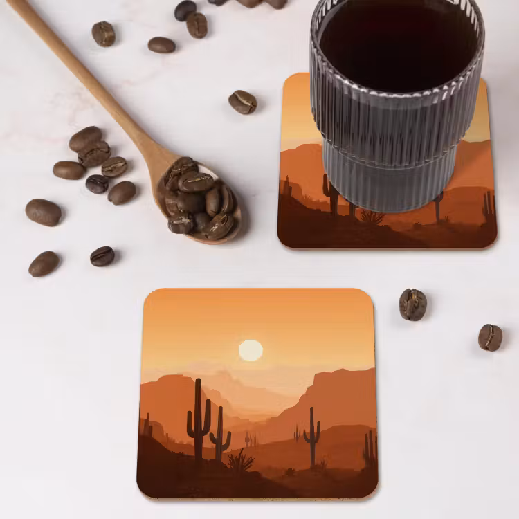 Landschap - Woestijn - Cactussen - Zon onderzetter kurk middel -sfeer2