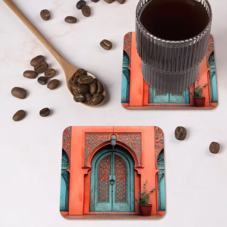 Lantaarn - Deur - Turquoise onderzetter kurk middel -sfeer2