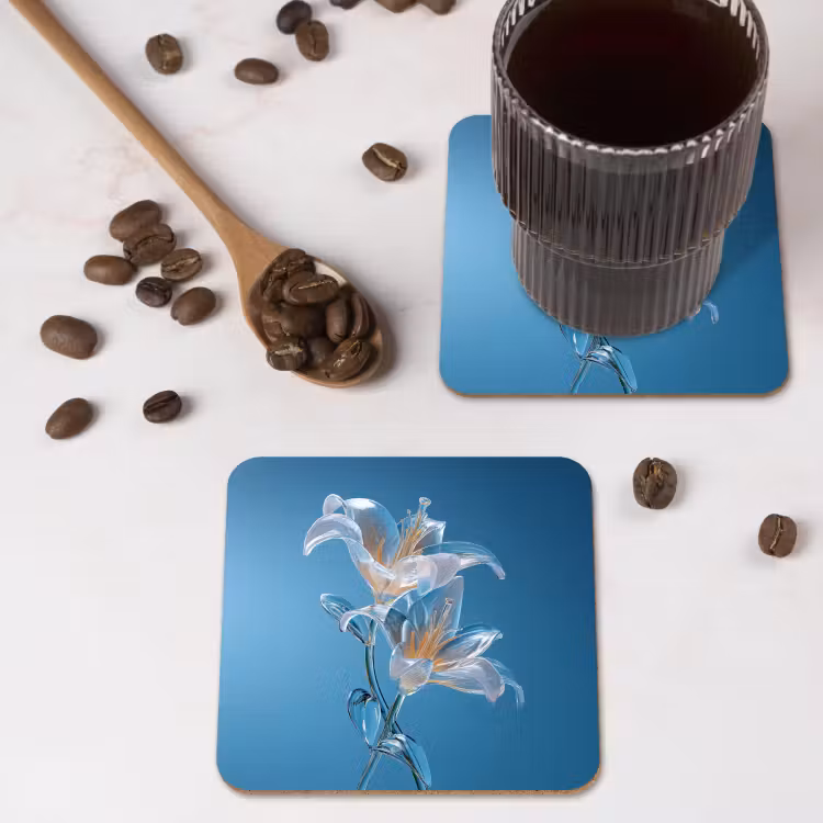 Lelies - Blauw - Glazen onderzetter kurk middel -sfeer2