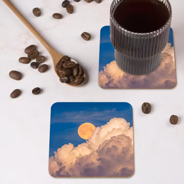 Maan - Wolken - Natuur - Oranje onderzetter kurk middel -sfeer2