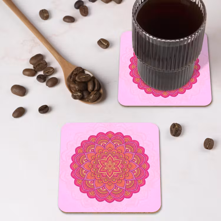 Mandala - Cirkel - Spiritueel - Oosters - Roze onderzetter kurk middel -sfeer2
