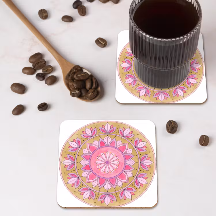 Mandala - Patroon - Kunst - Aquarel - Roze onderzetter kurk middel -sfeer2