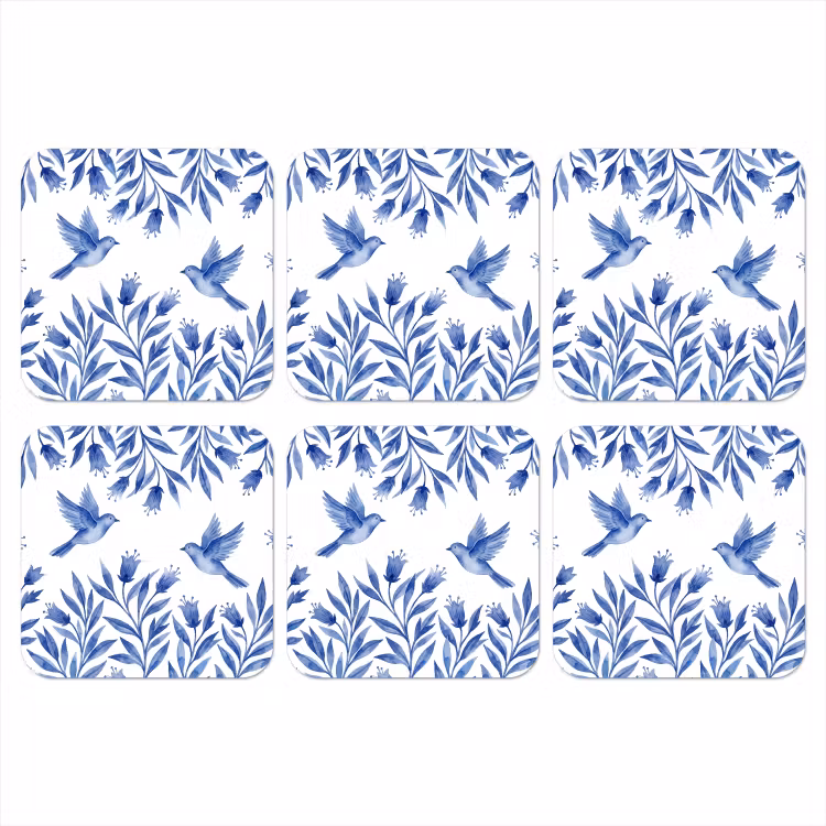 Modern - Vogels - Delfts - Blauw onderzetter kurk middel -3d