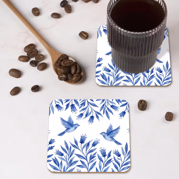 Modern - Vogels - Delfts - Blauw onderzetter kurk middel -sfeer2