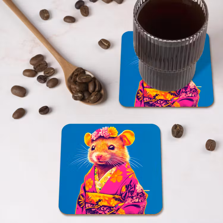 Muis - Kimono - Bloemen - Blauw onderzetter kurk middel -sfeer2