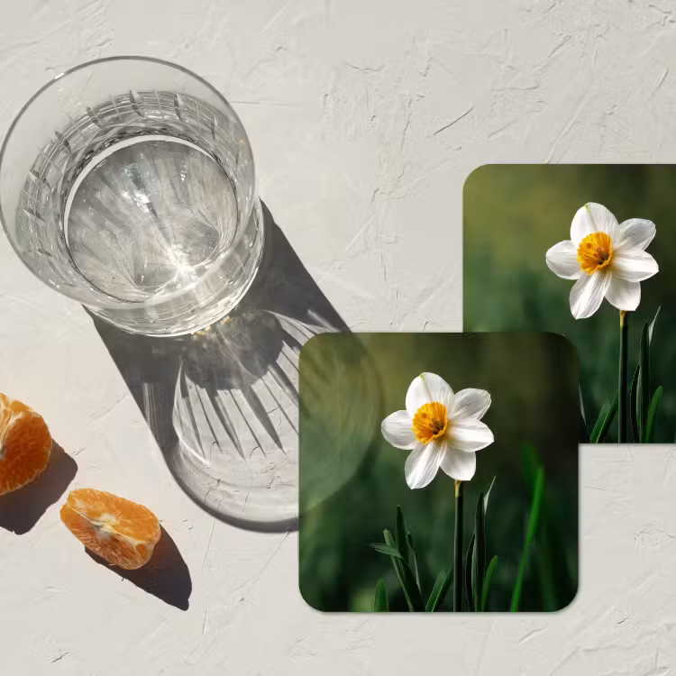 Narcis - Bloem - Wit - Grassprieten onderzetter kurk middel -sfeer4