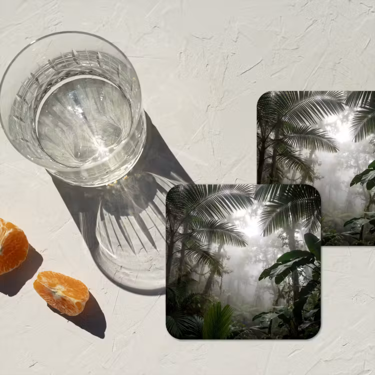 Natuur - Jungle - Mist - Groen - Bladeren onderzetter kurk middel -sfeer4