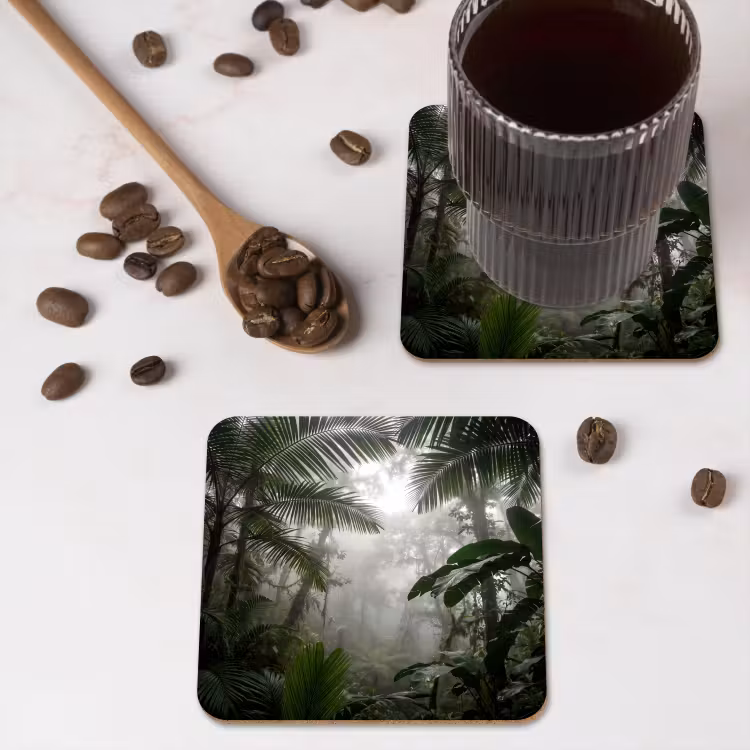 Natuur - Jungle - Mist - Groen - Bladeren onderzetter kurk middel -sfeer2