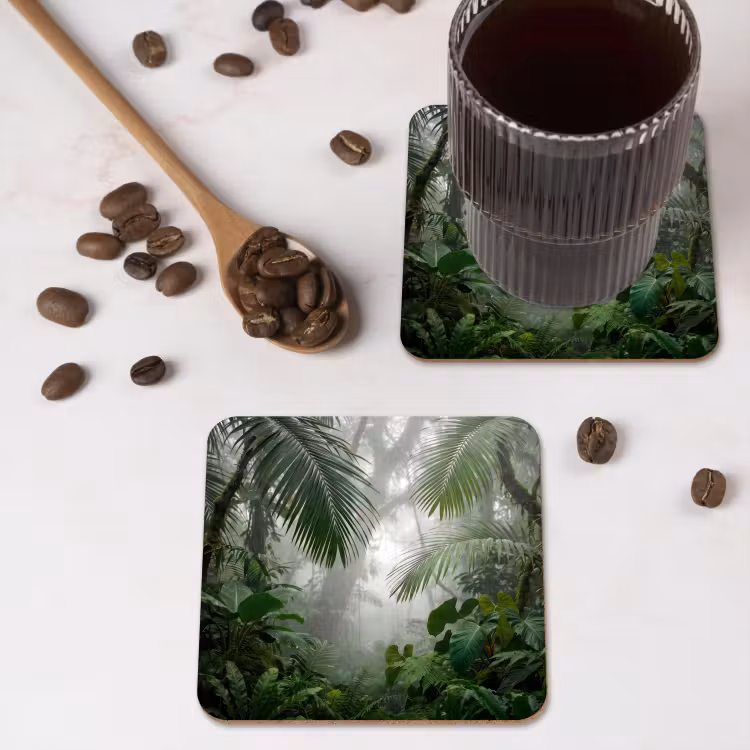 Natuur - Jungle - Mist - Tropisch - Groen onderzetter kurk middel -sfeer2