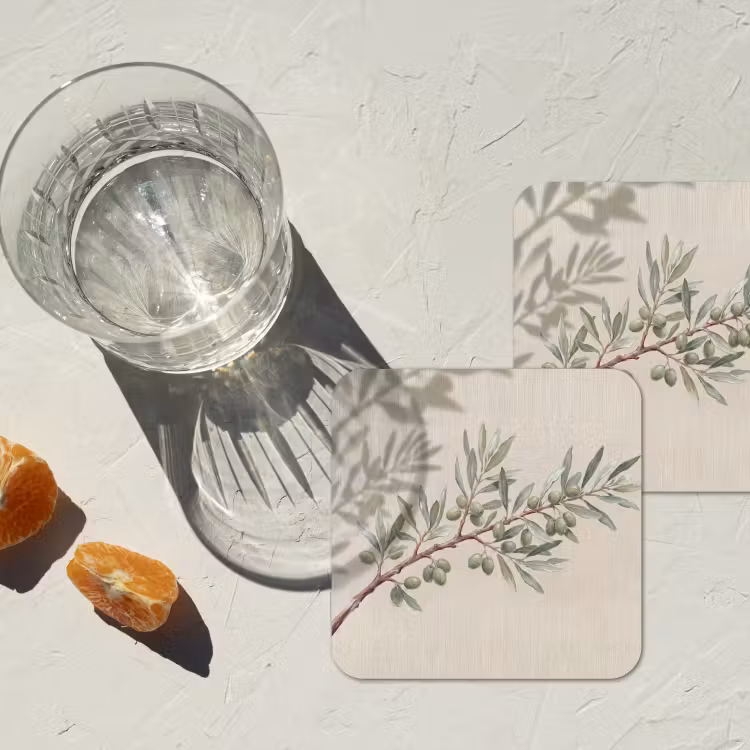 Olijftak - Bladeren - Natuur - Groen - Beige onderzetter kurk middel -sfeer4