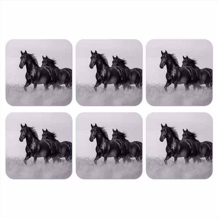 Paarden - Gras - Zwart - Wit onderzetter kurk middel -3d