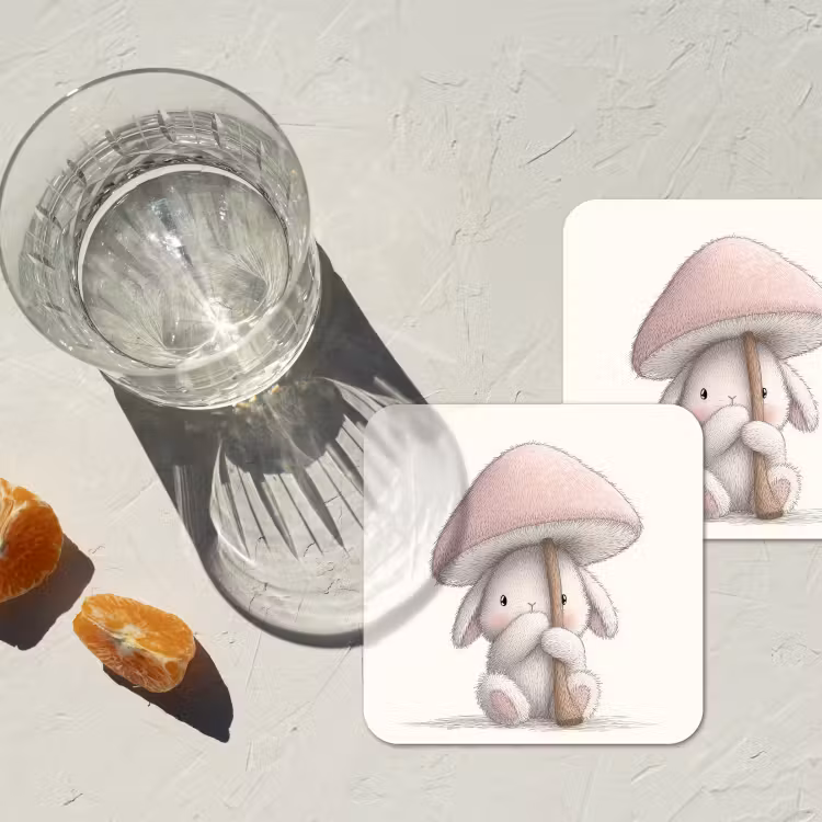 Paddenstoel - Konijn - Roze onderzetter kurk middel -sfeer4