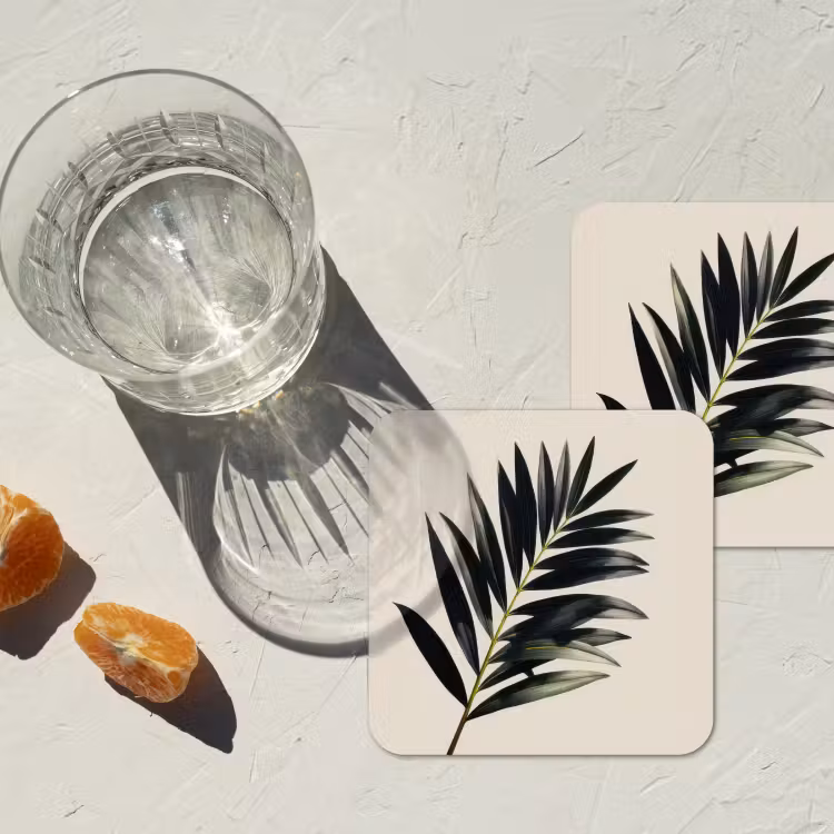 Palmblad - Subtiel - Groen - beige onderzetter kurk middel -sfeer4