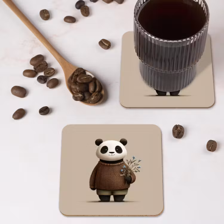 Panda - Blauwe bloemen - Zachtheid onderzetter kurk middel -sfeer2