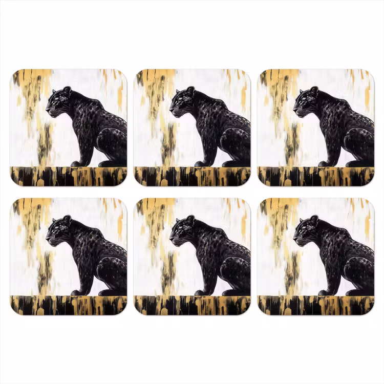 Panter - Zwart - Abstract - Goud onderzetter kurk middel -3d