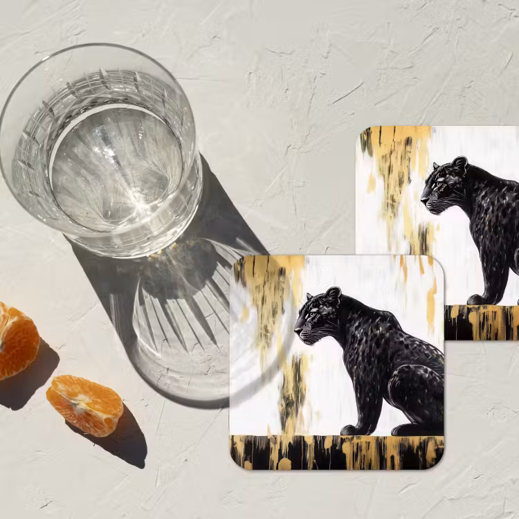 Panter - Zwart - Abstract - Goud onderzetter kurk middel -sfeer4
