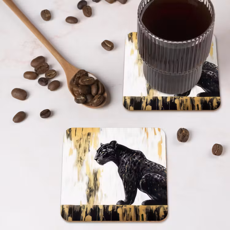 Panter - Zwart - Abstract - Goud onderzetter kurk middel -sfeer2