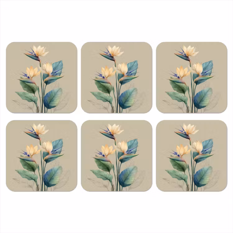 Paradijsvogelbloemen - Blauwgroene bladeren - Beige onderzetter kurk middel -3d