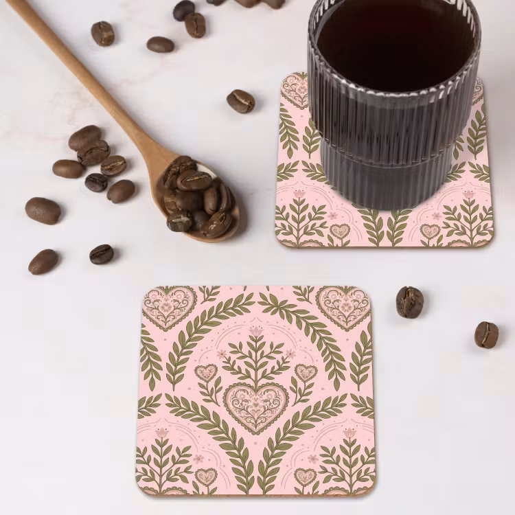 Patroon - Hart - Bloemen - Folkloristisch - Roze onderzetter kurk middel -sfeer2