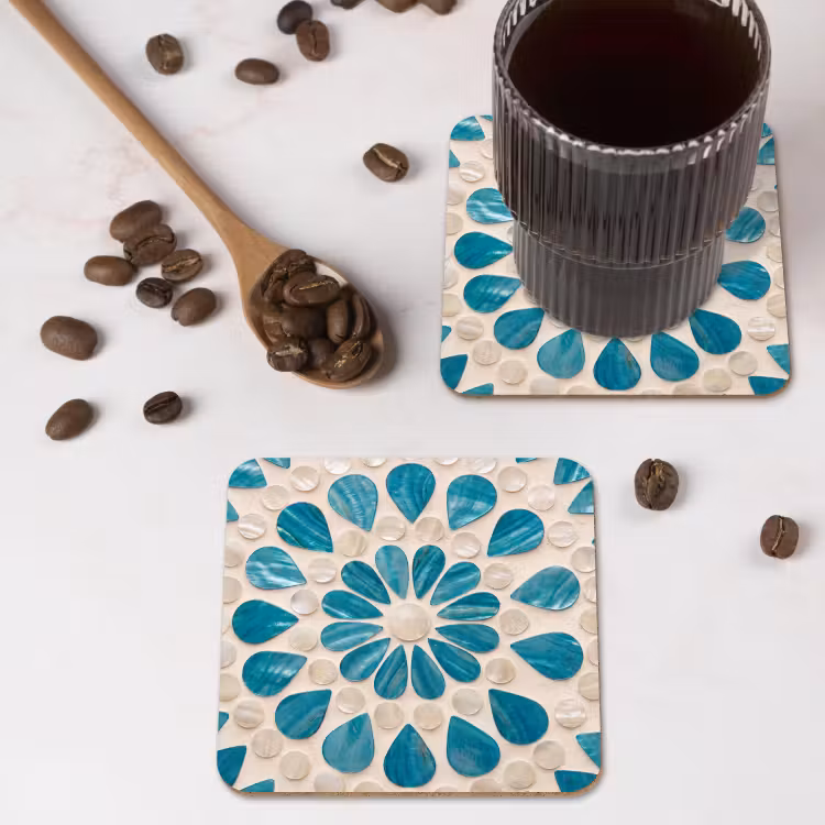 Patroon - Mozaïek - Schelpen - Abstract - Turquoise onderzetter kurk middel -sfeer2