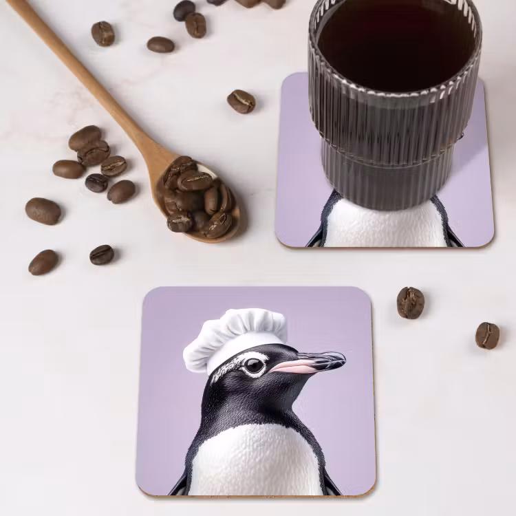 Pinguïn - Koksmuts - Lief - Paars onderzetter kurk middel -sfeer2