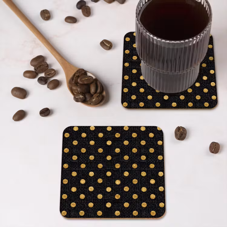 Polka Dot - Stippen - Goud - Zwart onderzetter kurk middel 366 -sfeer2