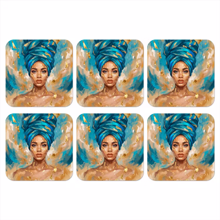 Portret - Vrouw - Schilderij - Blauw - Goud - Expressief onderzetter kurk middel -3d