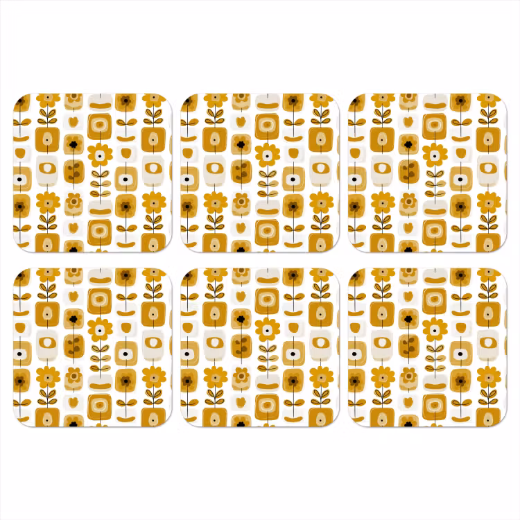 Retro - Abstract - Bloemen - Okergeel onderzetter kurk middel 366 -3d