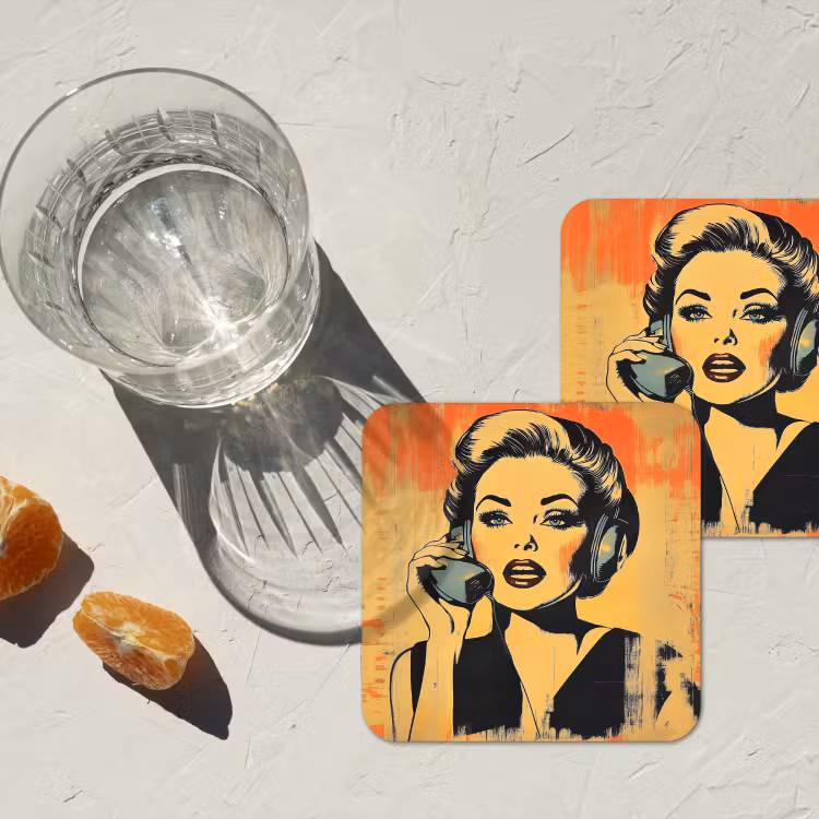 Retro - Vrouw - Koptelefoon - Oranje onderzetter kurk middel -sfeer4