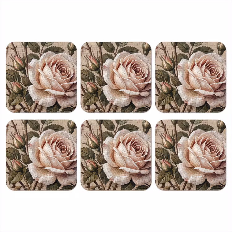 Roos - Mozaïek - Bloemen - Klassiek - Beige onderzetter kurk middel -3d