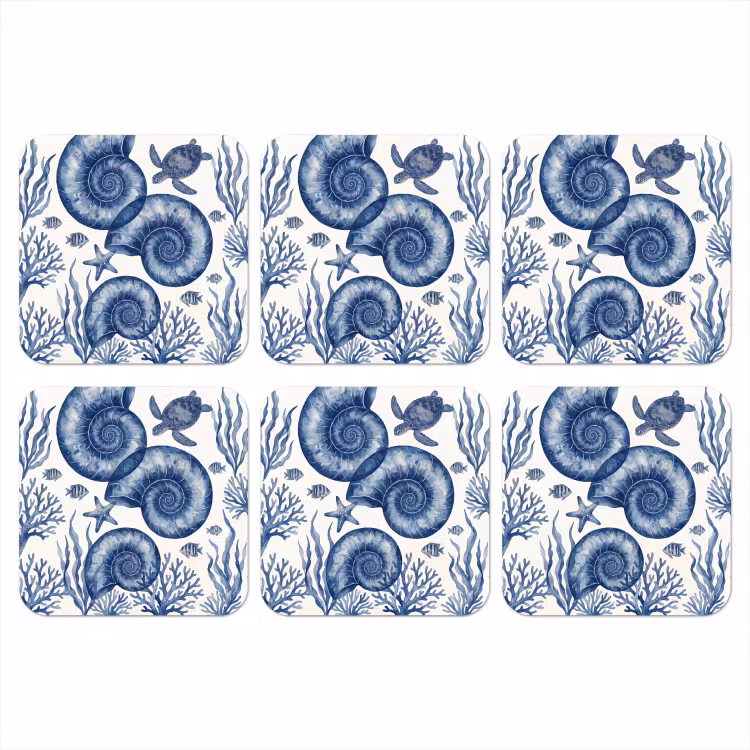 Schelp - Spiraal - Zeeleven - Aquarel - Blauw onderzetter kurk middel -3d