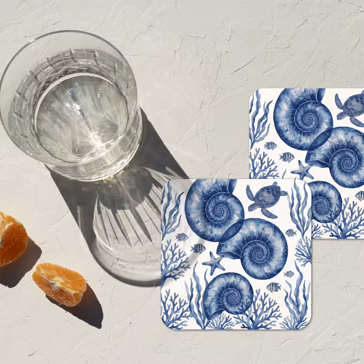 Schelp - Spiraal - Zeeleven - Aquarel - Blauw onderzetter kurk middel -sfeer4