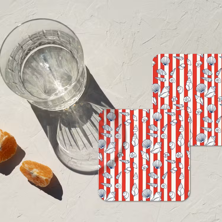 Schelp - Zeedieren - Zomer - Illustratie - Rood - Blauw onderzetter kurk middel -sfeer4