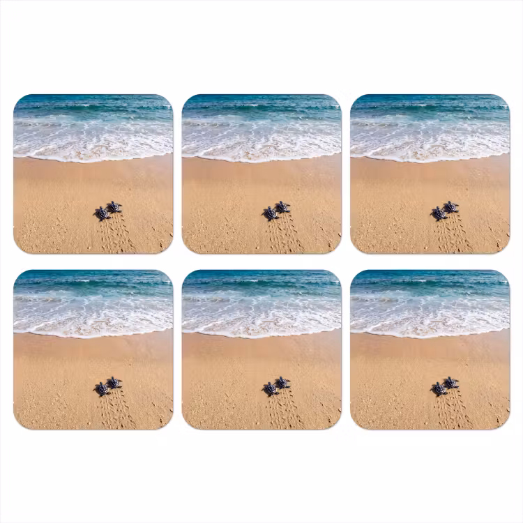 Schildpad - Jong - Strand - Oceaan - Blauw onderzetter kurk middel -3d