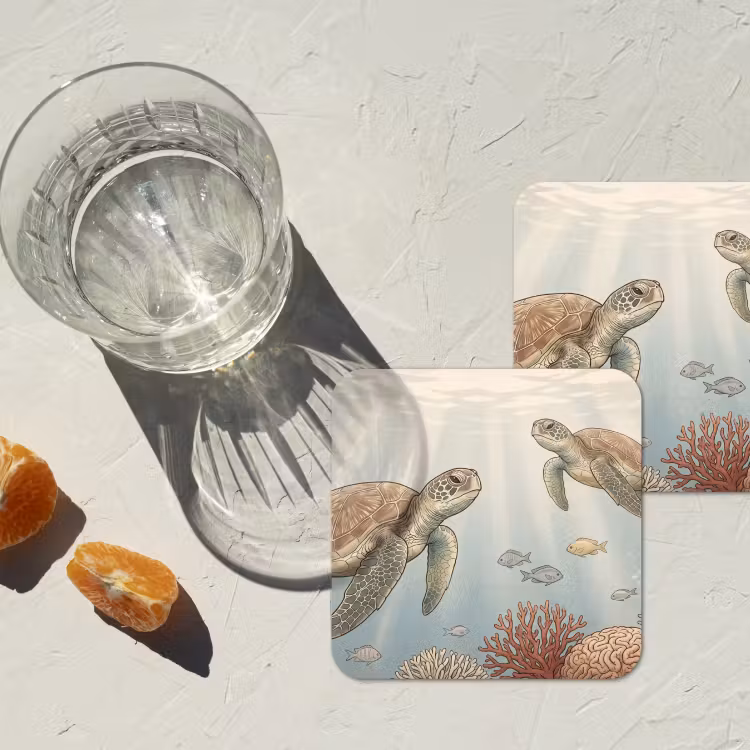 Schildpad - Onderwater - Natuur - Illustratie onderzetter kurk middel -sfeer4