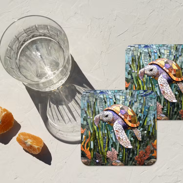 Schildpad - Zeewier - Mozaïek onderzetter kurk middel -sfeer4