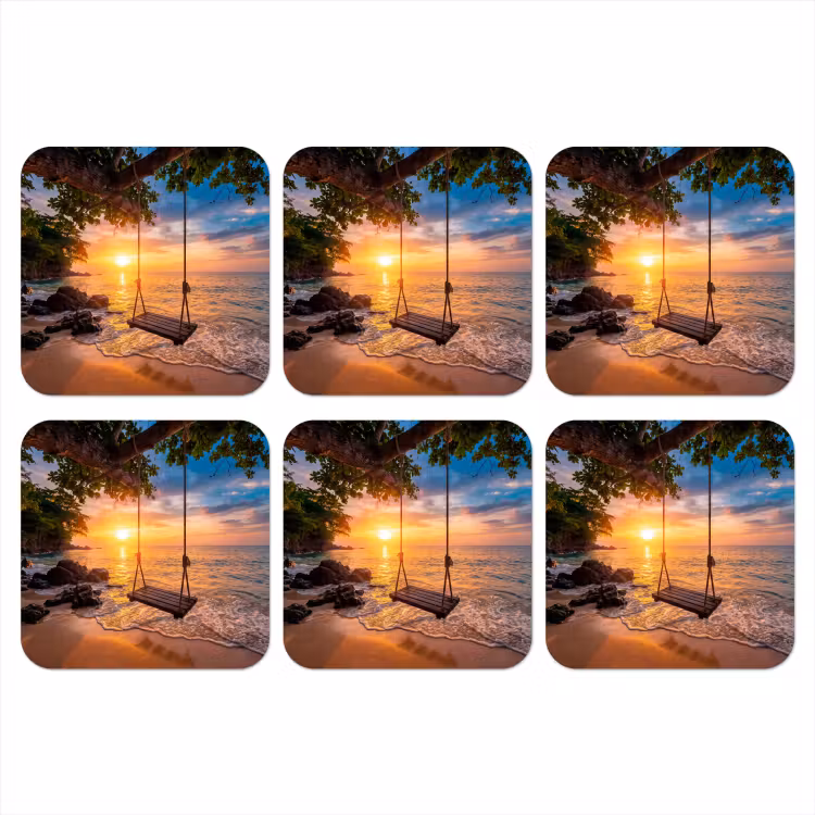 Schommel - Strand - Zonsondergang - Natuur - Oranje onderzetter kurk middel -3d