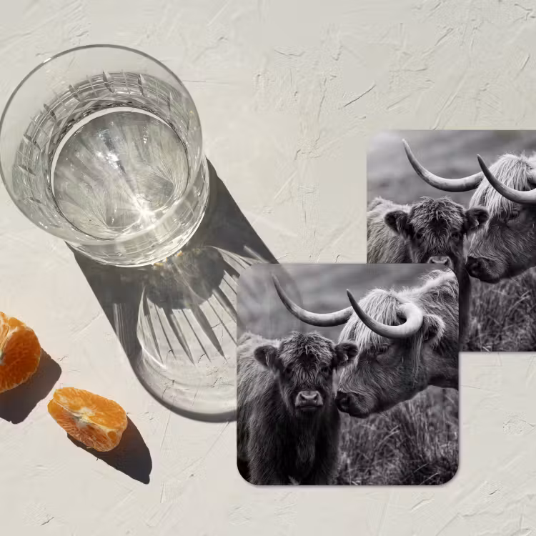 Schotse hooglander - Kalf - Zwart - Wit onderzetter kurk middel -sfeer4