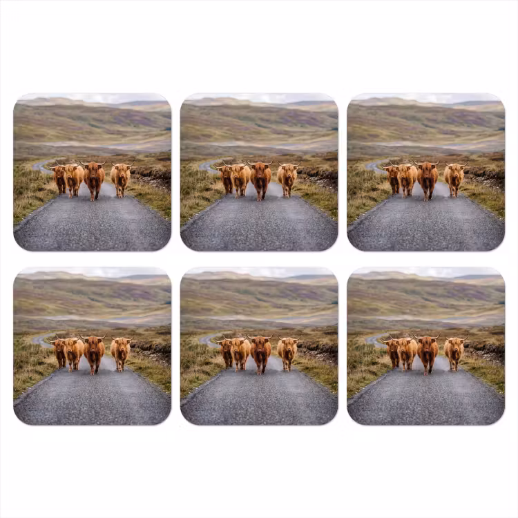Schotse Hooglanders - Weg - Landschap - Kudde onderzetter kurk middel -3d