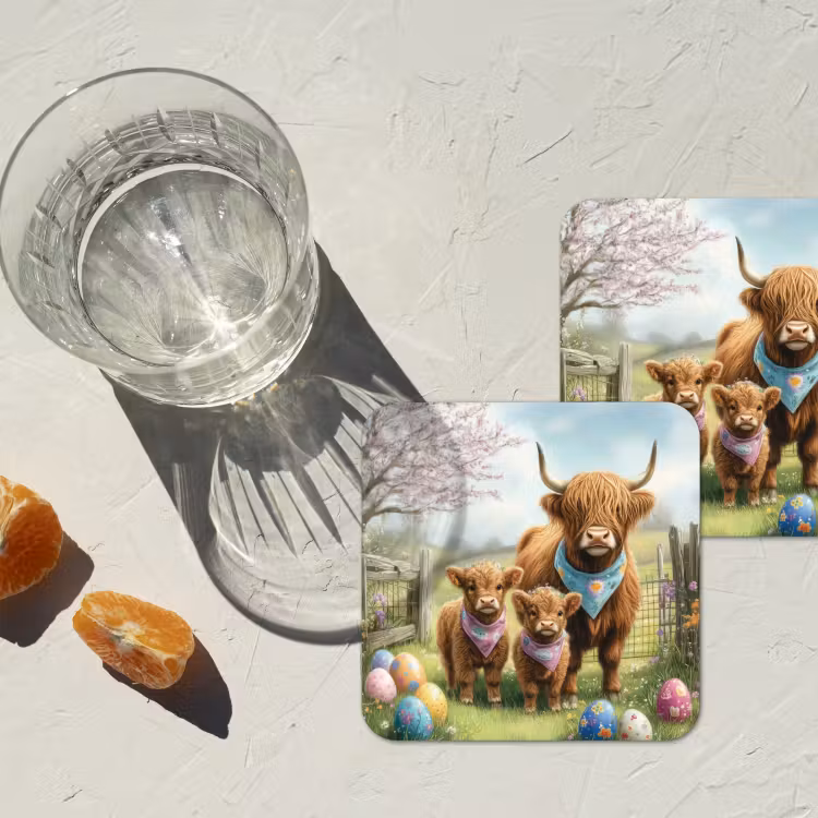 Schotsehooglanders - Paaseieren - Lente onderzetter kurk middel -sfeer4