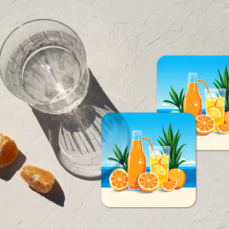 Sinaasappels - Ijsblokjes - Zee - Illustratie onderzetter kurk middel -sfeer4